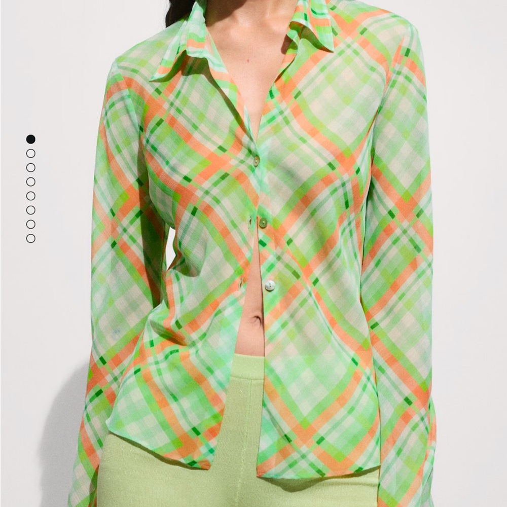 Mango Vibrant Plaid Button-Up Sheer Shirt